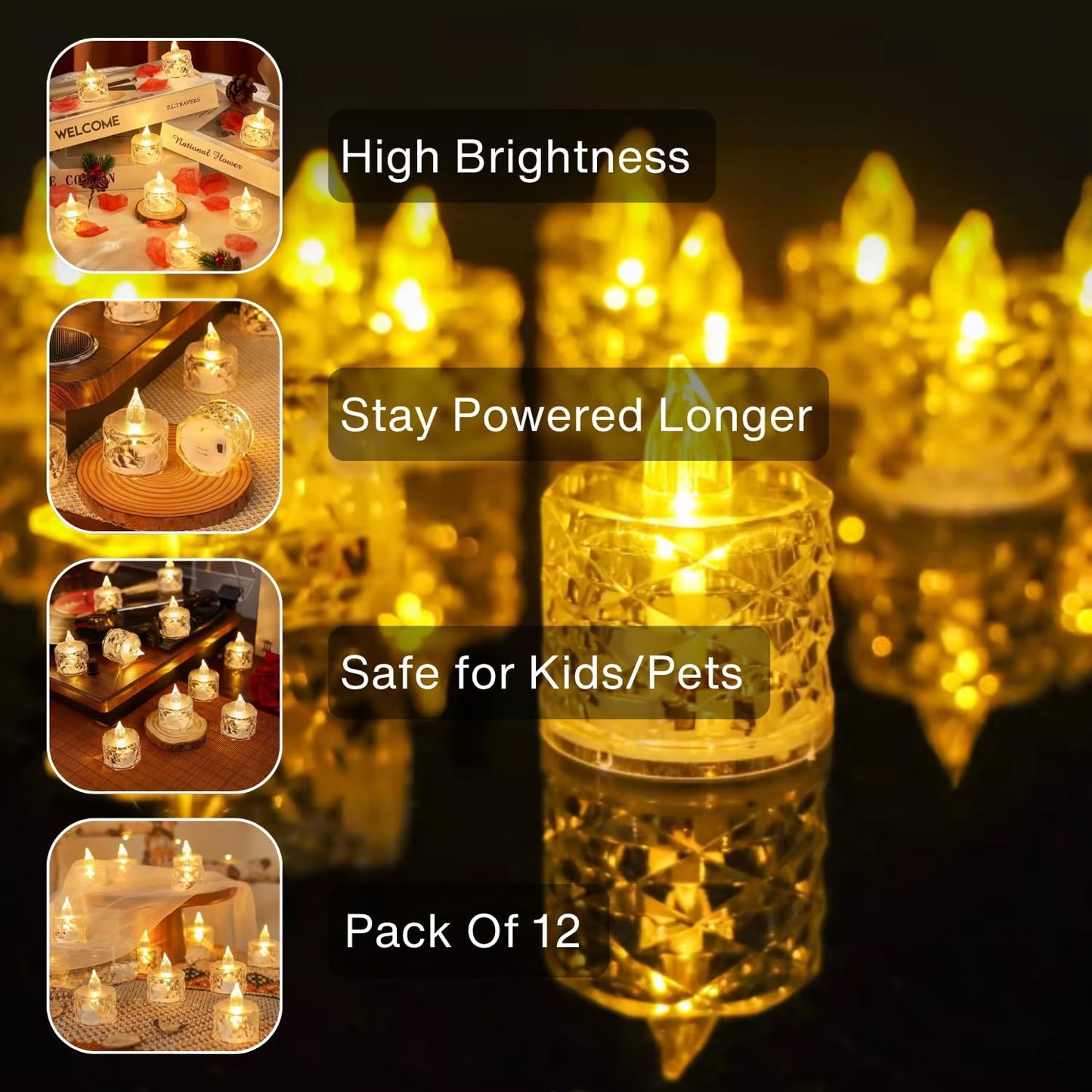 6 Pcs Flameless and Smokeless Decorative Crystal Candles Transparent Acrylic Led Tea Light Candle for Diwali - Pack of 6(Yellow)