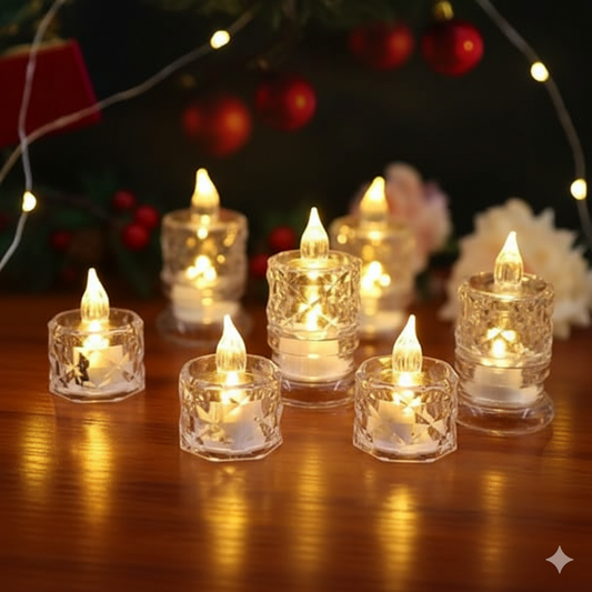 6 Pcs Flameless and Smokeless Decorative Crystal Candles Transparent Acrylic Led Tea Light Candle for Diwali - Pack of 6(Yellow)