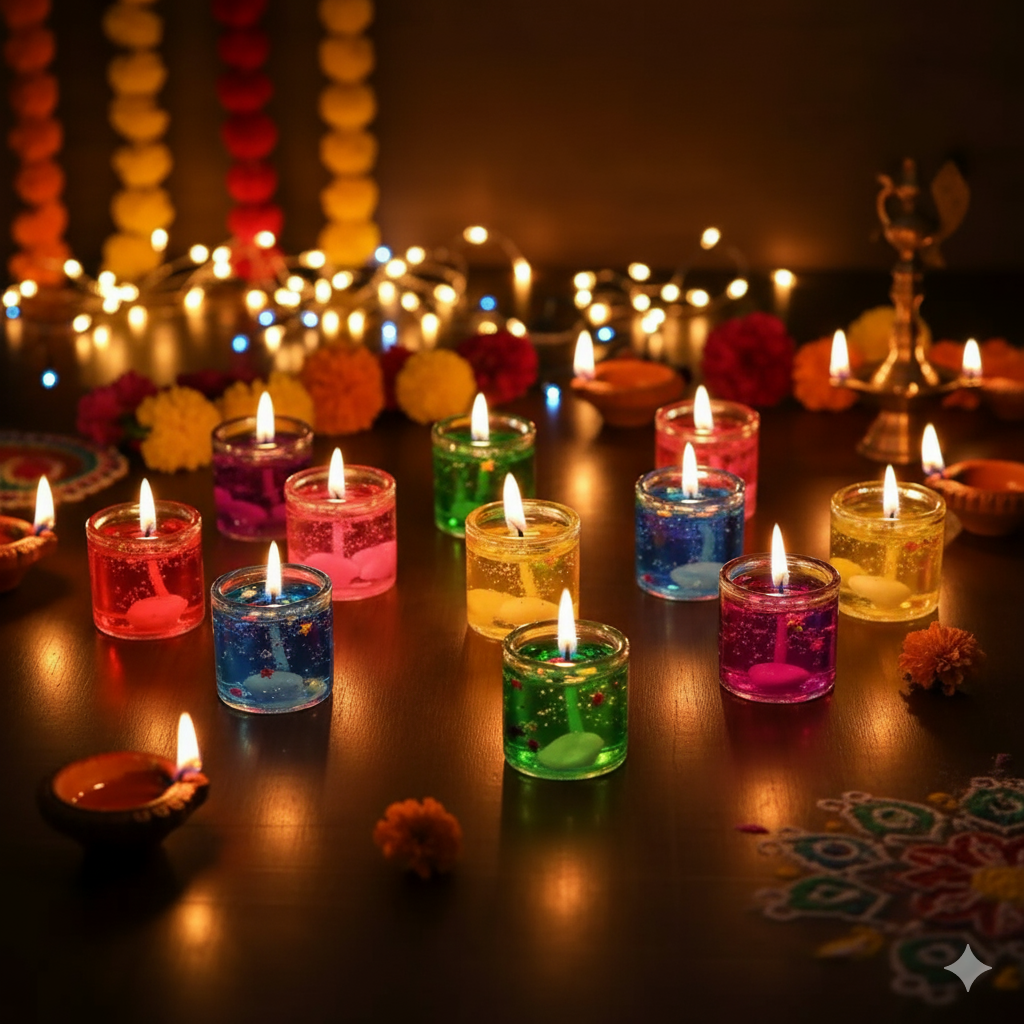 Multicolour Glass Jelly Gel Candles – Pack of 12 | Smokeless, Decorative for Diwali