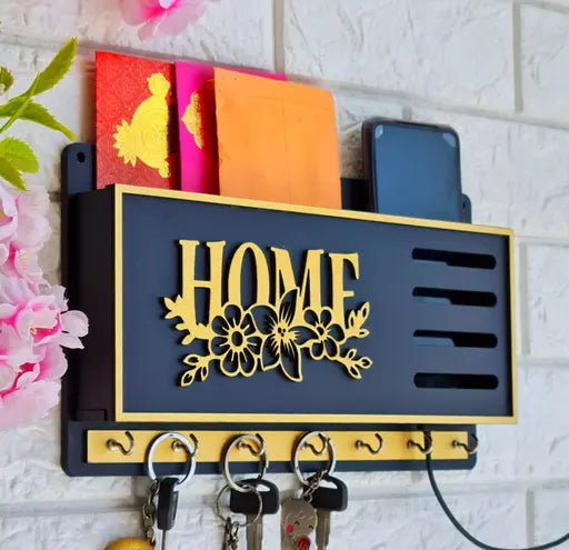 Attractive Premium Wooden Key Holder Cum Mobile Charging Holder with 7 Stainless Still Hooks .