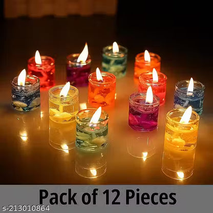 Multicolour Glass Jelly Gel Candles – Pack of 12 | Smokeless, Decorative for Diwali