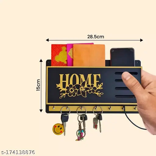 Attractive Premium Wooden Key Holder Cum Mobile Charging Holder with 7 Stainless Still Hooks .